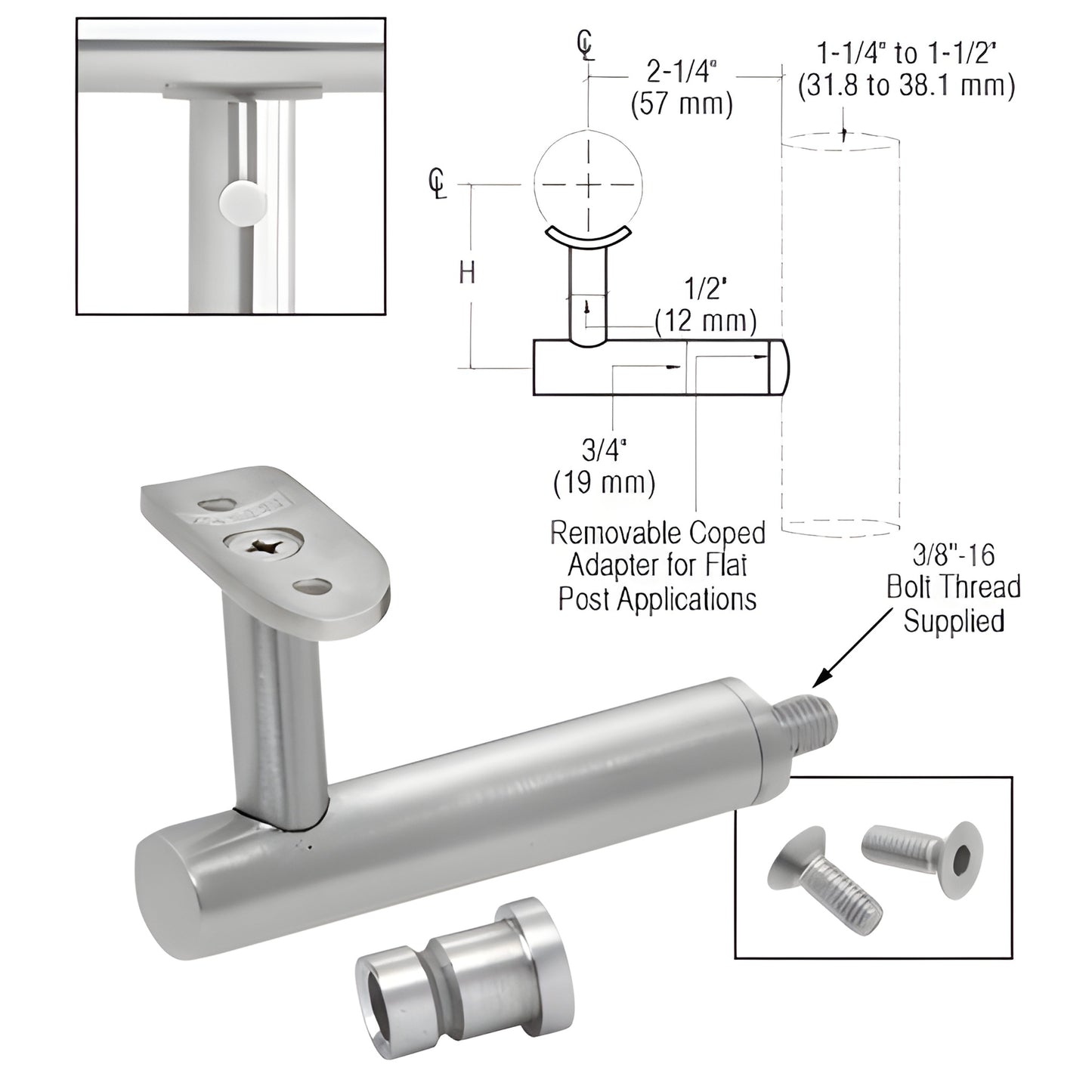 HR3EPBS 316 stainless post-mounted handrail bracket in brushed stainless, supports 11 2-2 handrail tubing