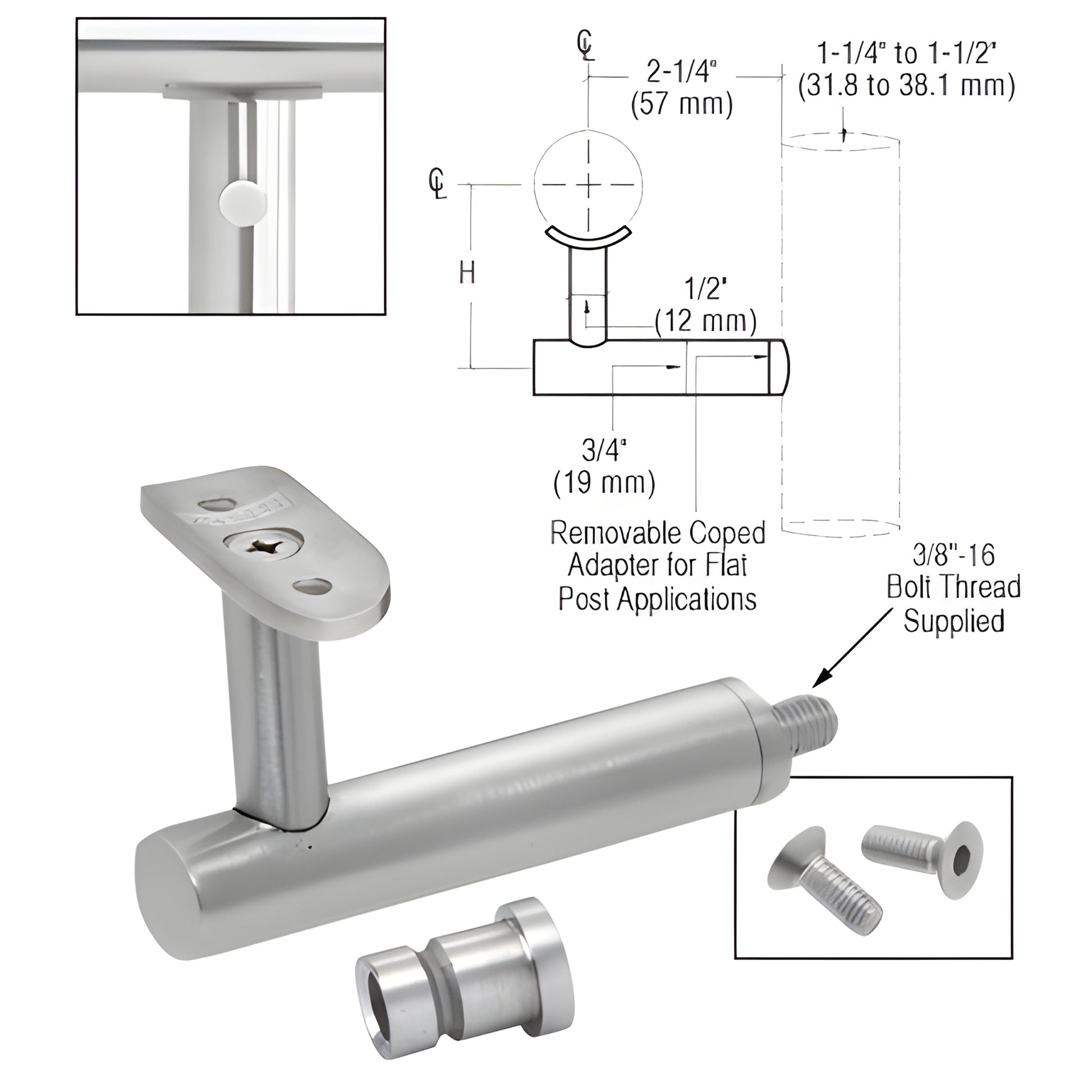 HR3EPBS 316 stainless post-mounted handrail bracket in brushed stainless, supports 11 2-2 handrail tubing