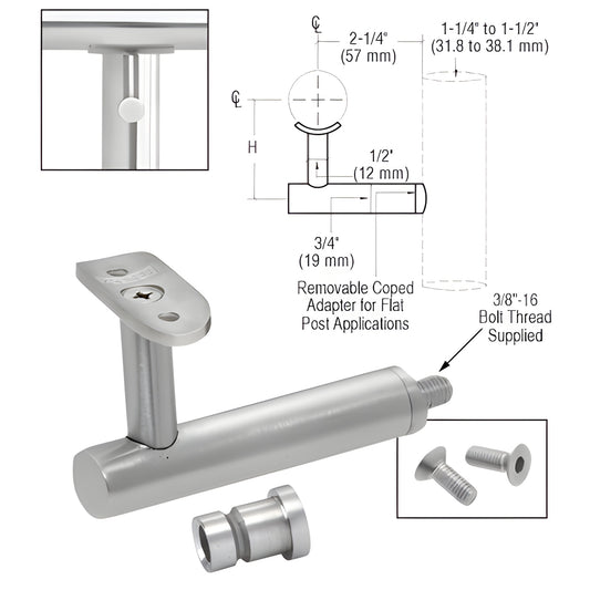 HR3EPBS 316 stainless post-mounted handrail bracket in brushed stainless, supports 11 2-2 handrail tubing