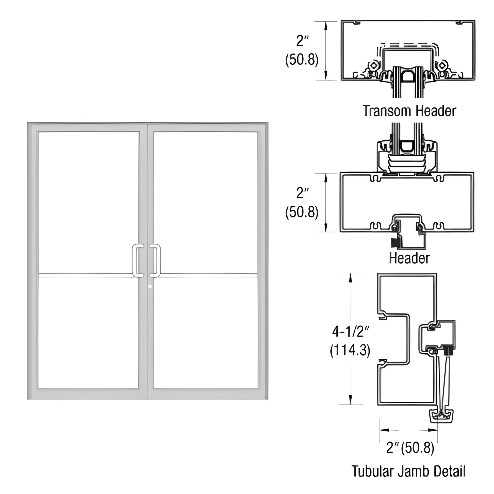 Clear anodized aluminum double storefront door with gear-hinge transom frame and tubular jamb detail, SKU FR92811.