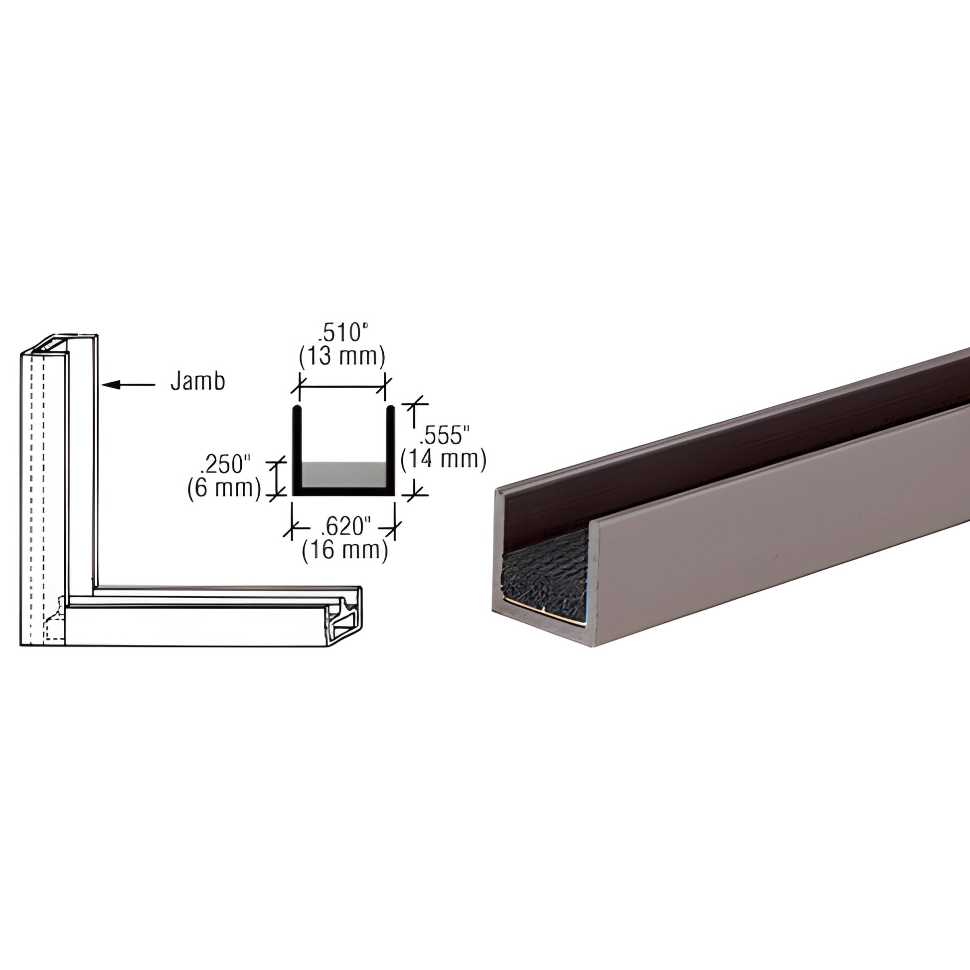 D606DU Duranodic bronze aluminum single jamb with sponge rubber lining, 144in length - photo and dimensional diagram