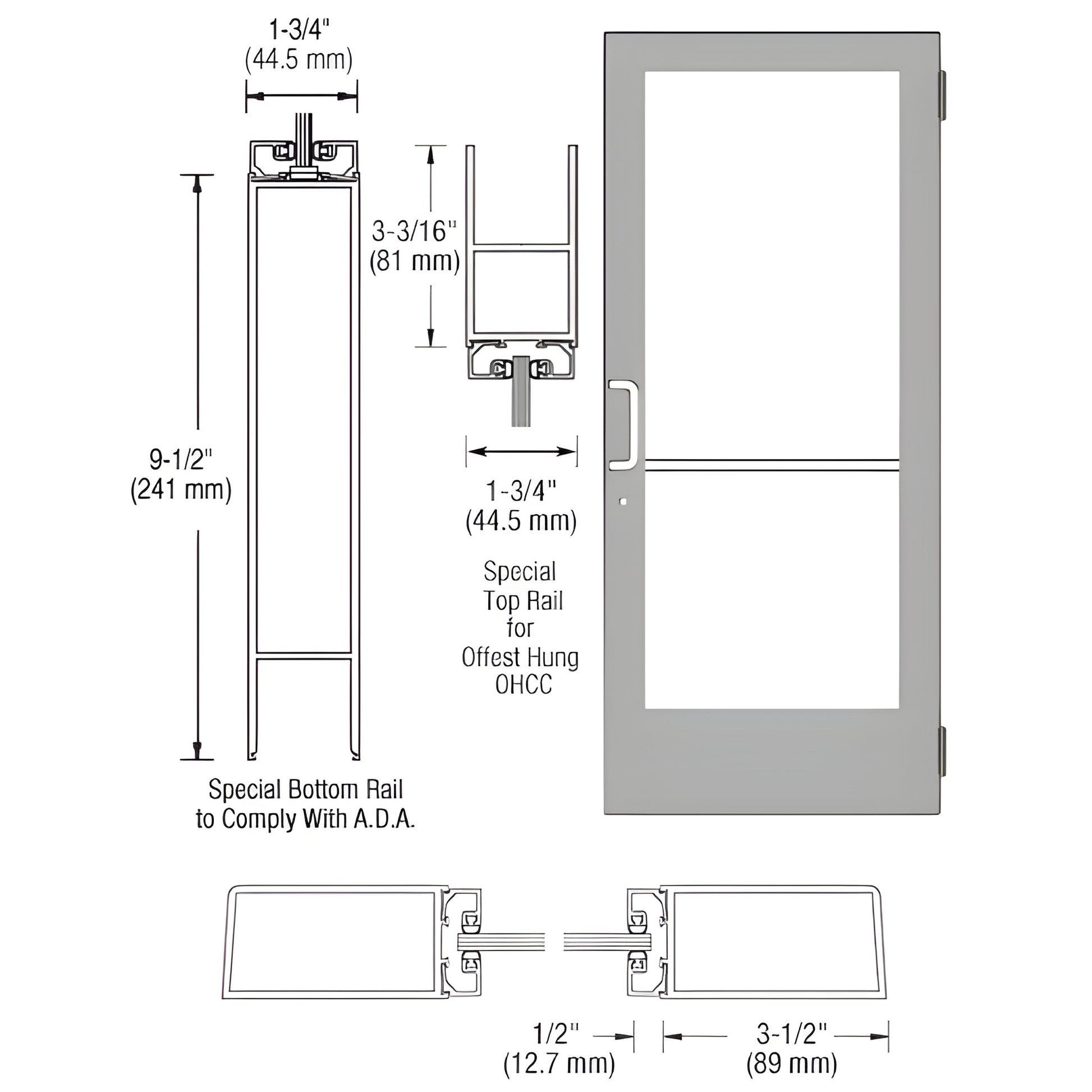Clear anodized medium-stile entrance door (SKU DE41411) with 9-1/2" ADA bottom rail, 3-1/2" stiles, glass-ready.