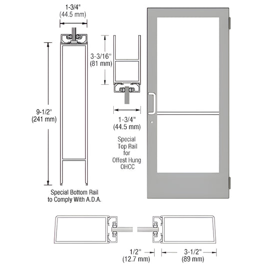 Clear anodized medium-stile entrance door (SKU DE41411) with 9-1/2" ADA bottom rail, 3-1/2" stiles, glass-ready.