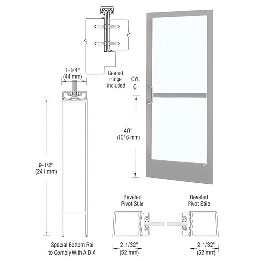 CZ21811 clear anodized narrow stile commercial entrance door with 9.5" ADA bottom rail, panic pull, cylinder and glass panel.