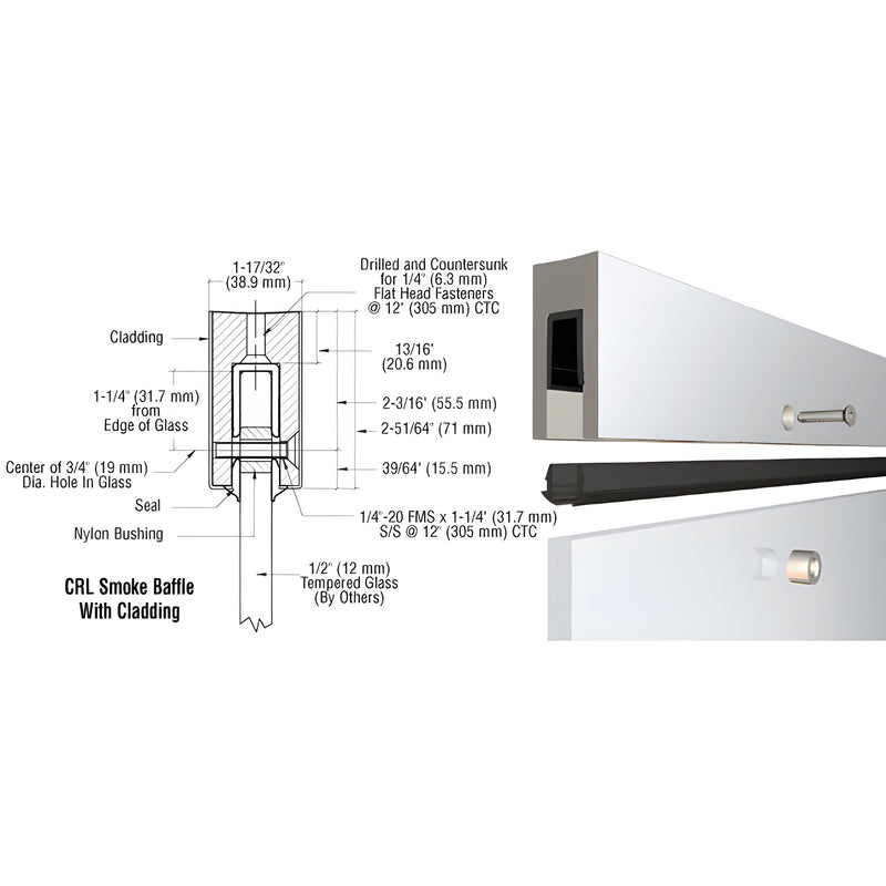 CRL B5BPSC polished stainless aluminum base shoe for 1/2" tempered glass smoke curtain, shown with installation diagram.