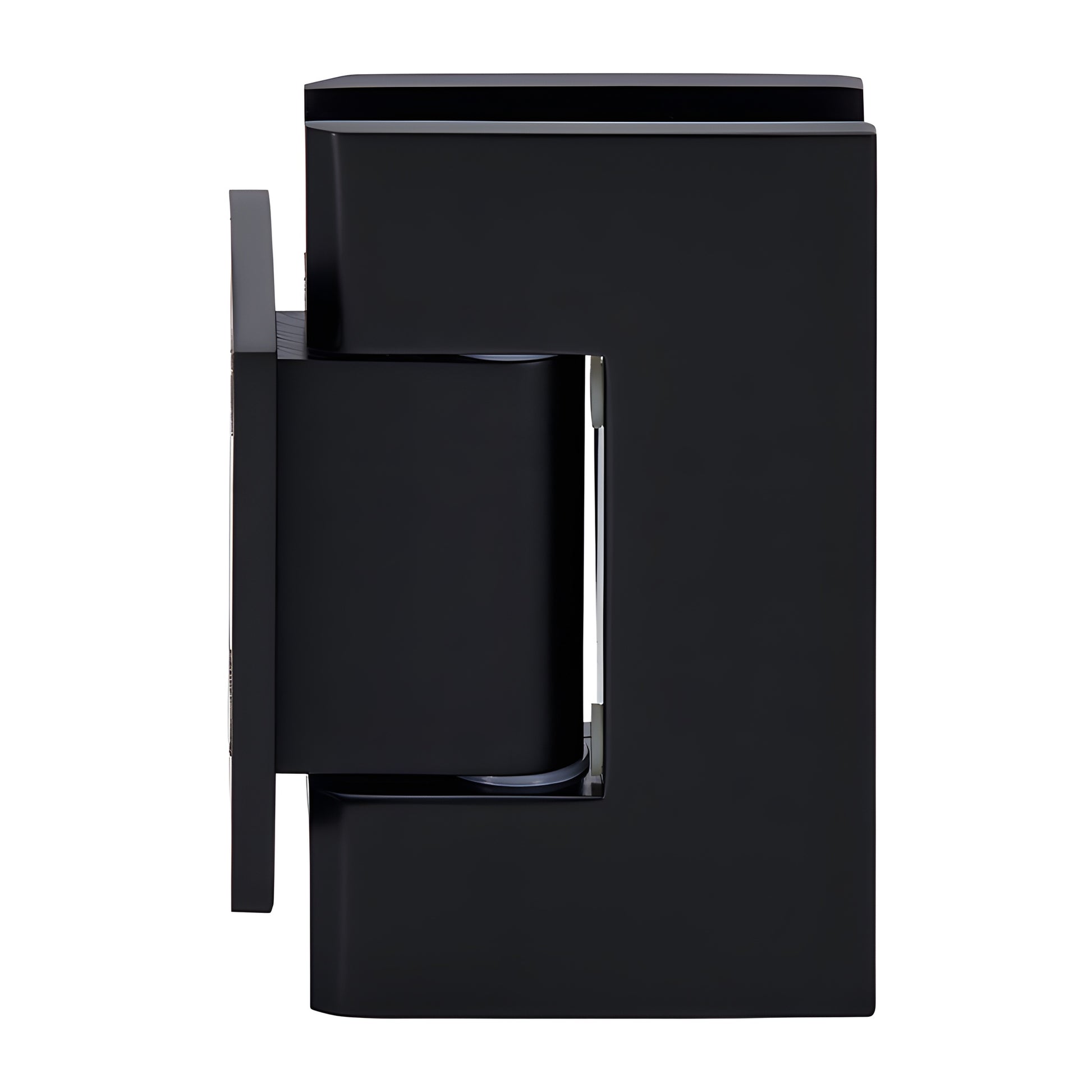 GEN074MBL matte black brass Geneva wall-mount shower hinge, short back plate, self-centering, fits 8-12mm tempered glass.