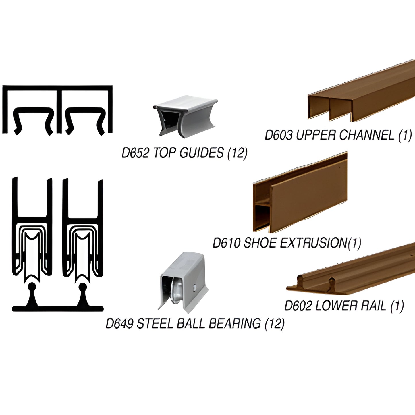 D2203DUBB low-profile bronze anodized aluminum sliding track kit for 1/4" glass; rails, channels, guides and D649 ball-bearin
