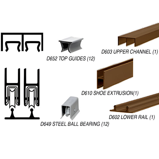 D2203DUBB low-profile bronze anodized aluminum sliding track kit for 1/4" glass; rails, channels, guides and D649 ball-bearin