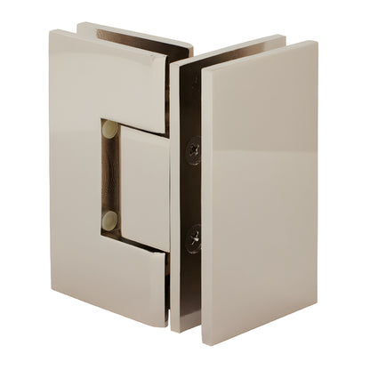 Polished nickel square Vienna glass-to-glass shower hinge for 3/8-1/2" glass, self-centering - SKU V1E092PN