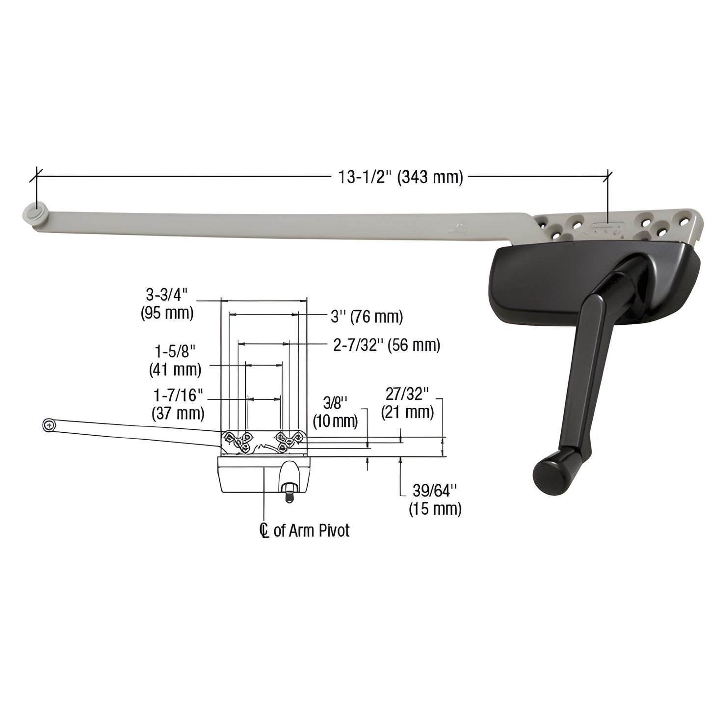 Ellipse 13-1/2" single-arm bronze casement operator (right-hand) zinc alloy with steel arm - SKU EP24195