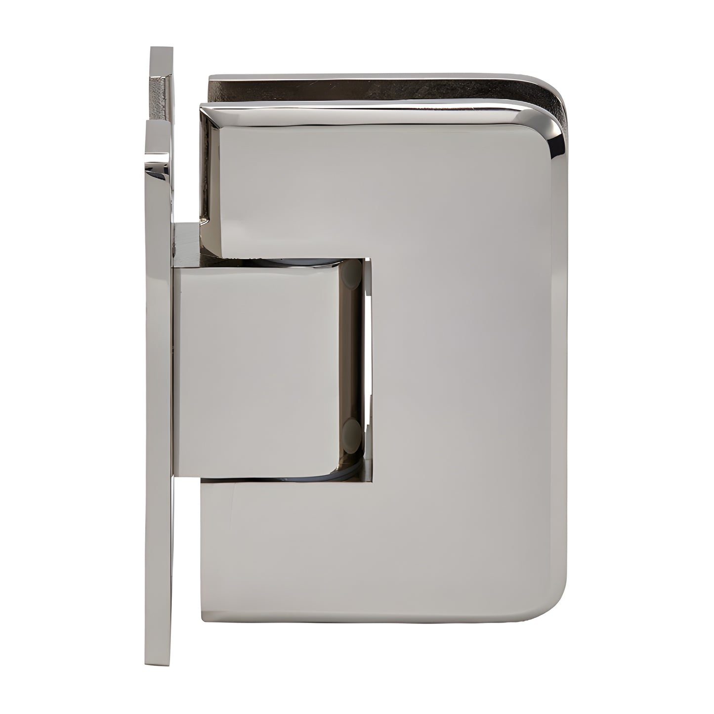 PLY037PN polished nickel brass shower door hinge, wall-mount, self-centering for 3/8-1/2" frameless glass.