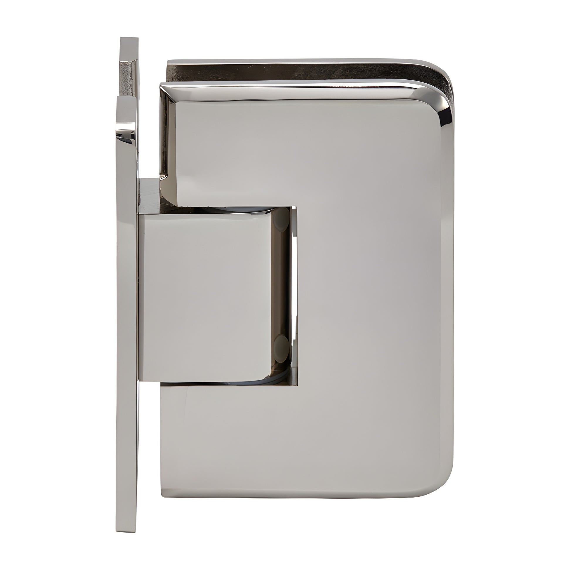 PLY037PN polished nickel brass shower door hinge, wall-mount, self-centering for 3/8-1/2" frameless glass.