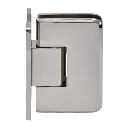 PLY037PN polished nickel brass shower door hinge, wall-mount, self-centering for 3/8-1/2" frameless glass.