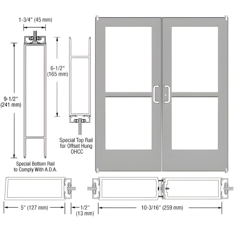 CRL CZ52111 clear anodized wide-stile double storefront entrance door, 5in stiles, ADA 9.5in bottom rail, glass-ready