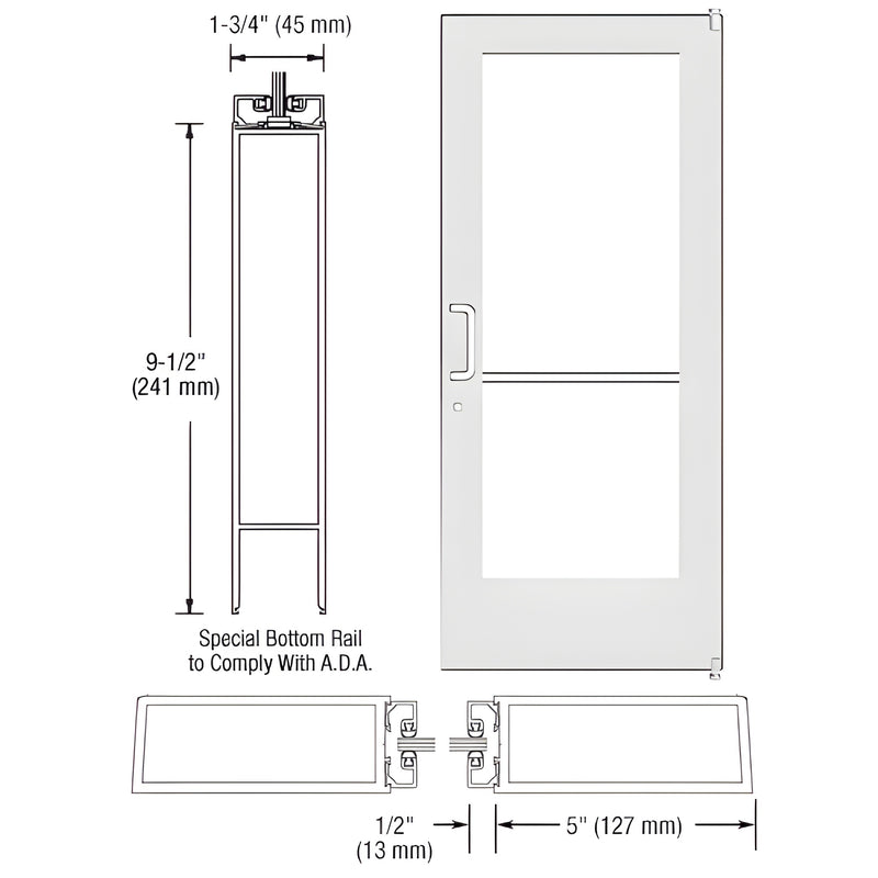 White Kynar wide stile commercial entrance door DE51252 with 5" stiles, ADA 9-1/2" bottom rail, glass-ready.