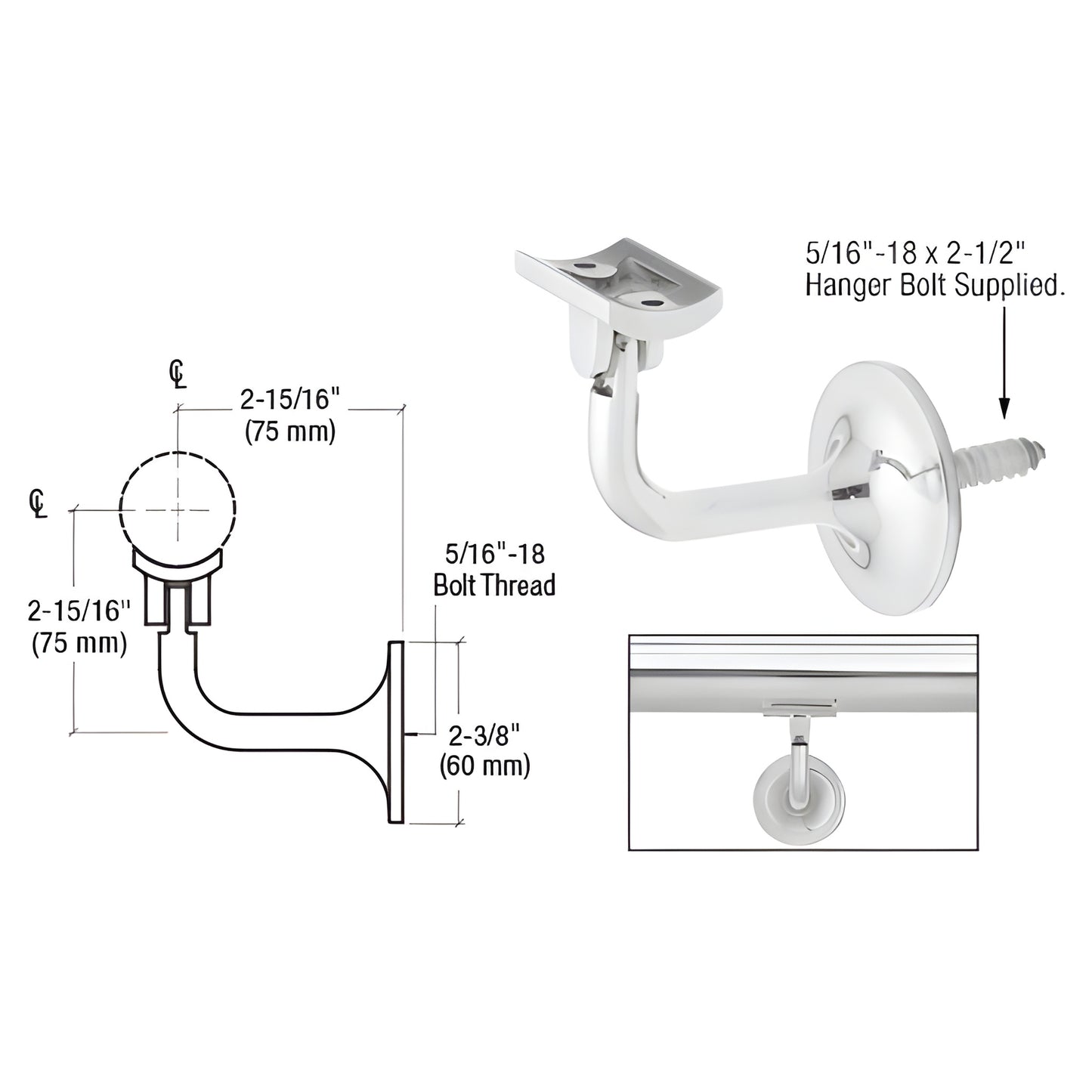 HR15WAPS polished stainless steel 2-way adjustable wall-mounted handrail bracket, fits 1.5" and 2" rails, 75mm projection