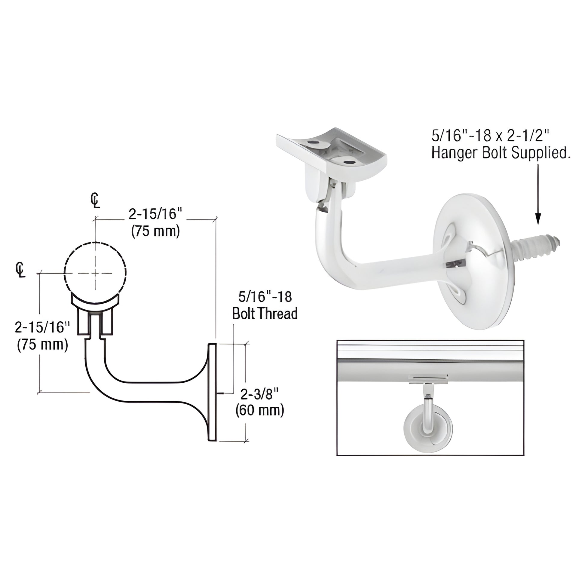 HR15WAPS polished stainless steel 2-way adjustable wall-mounted handrail bracket, fits 1.5" and 2" rails, 75mm projection