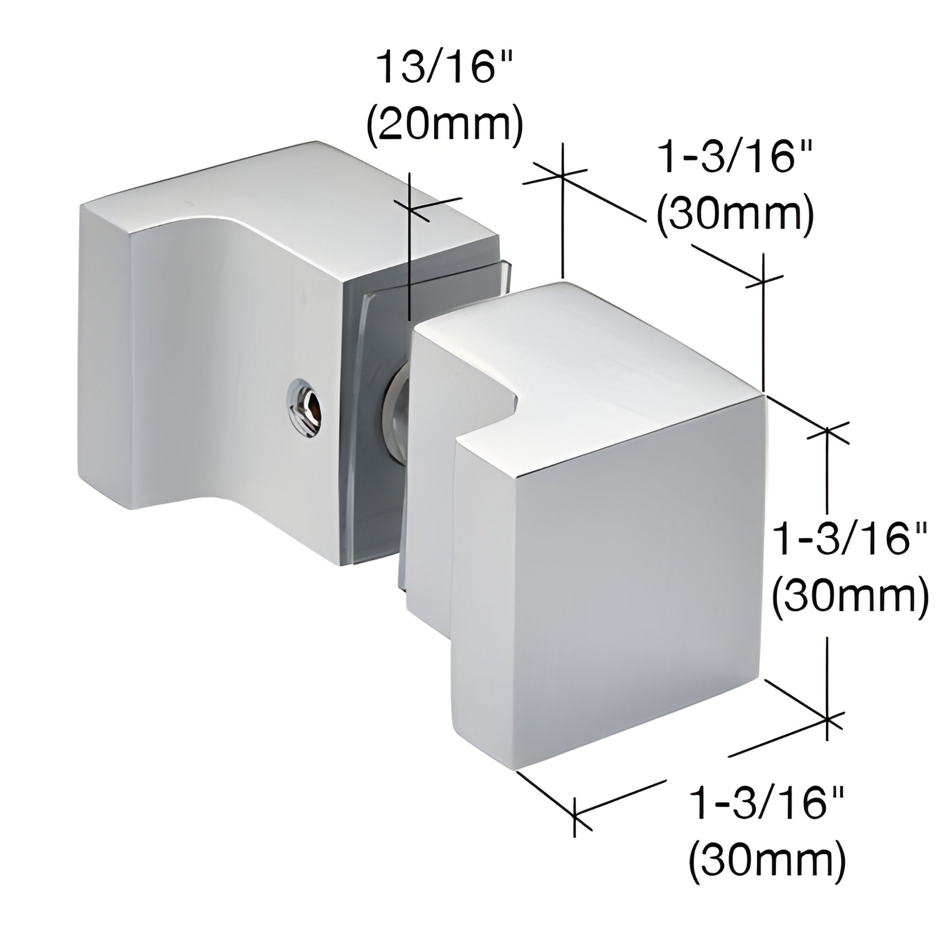 Back-to-back square finger-pull knob, brushed nickel, 1-3/16" (30mm) cube for frameless shower doors, SKU SDKSQ2BN