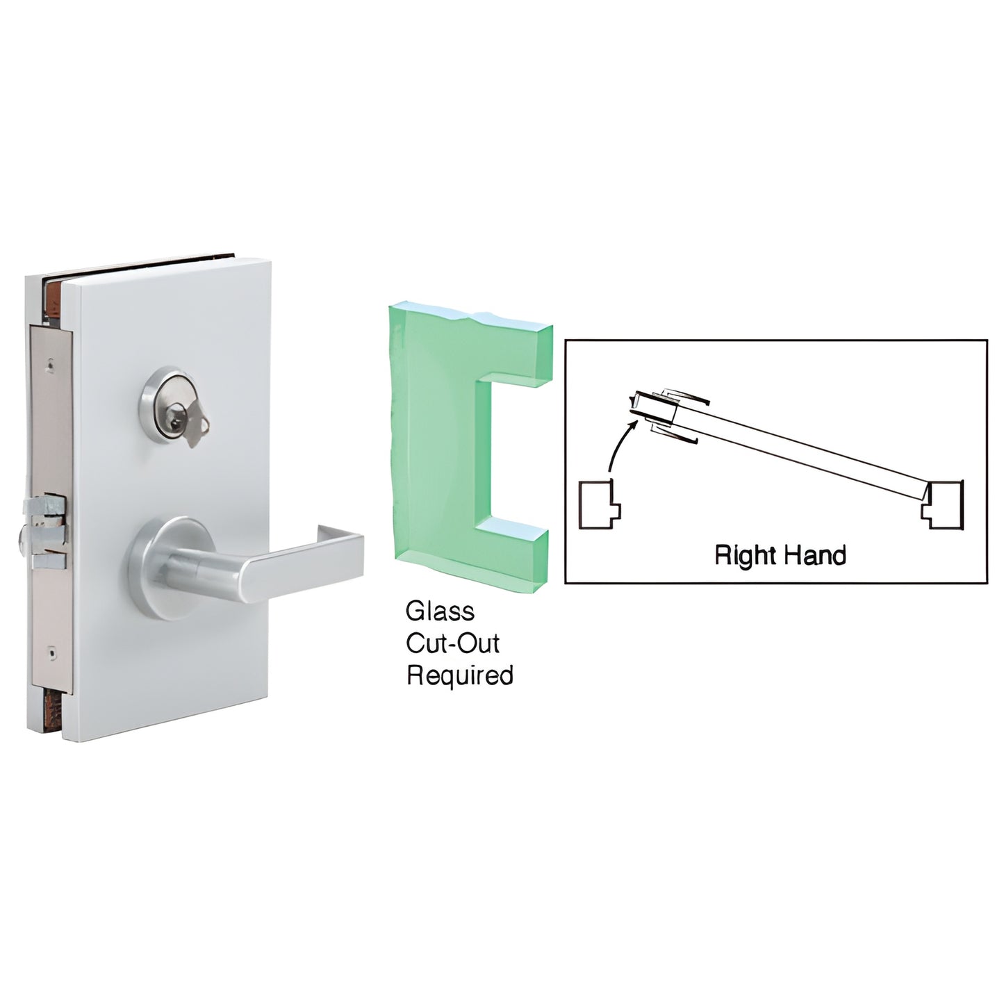 DL610RMSC satin-anodized 6 10 center deadlatch for 1/2" tempered glass doors, right-hand lever lock.