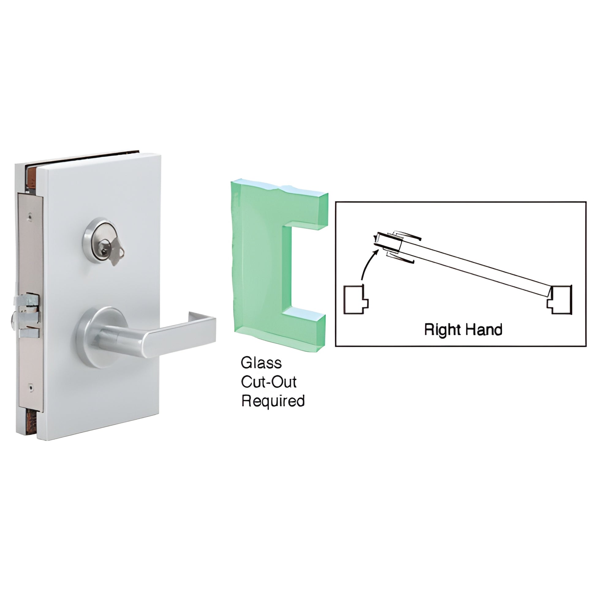 DL610RMSC satin-anodized 6 10 center deadlatch for 1/2" tempered glass doors, right-hand lever lock.