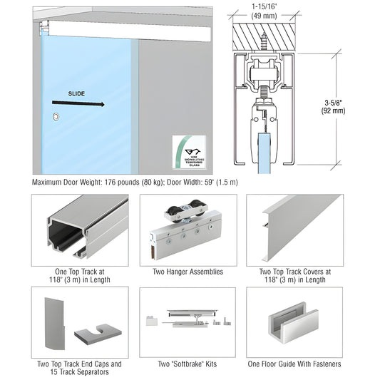 CRL51C top-mount satin anodized sliding glass door kit with 118 in track, hangers, top covers and Softbrake.