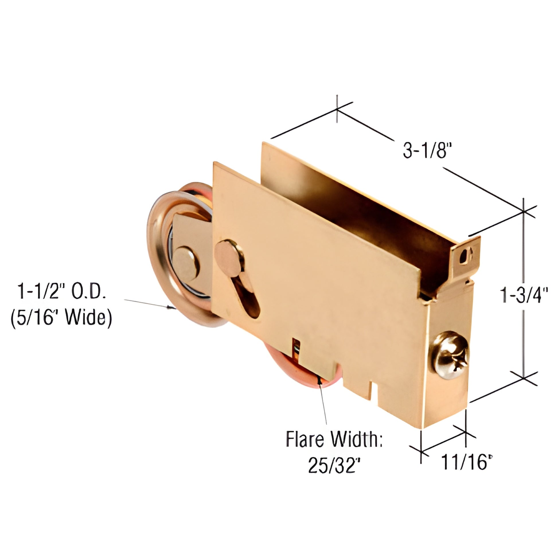D1862 Fleetwood adjustable steel tandem roller assembly, brass finish with concave 1-1/2" wheels and 3-1/8" housing.