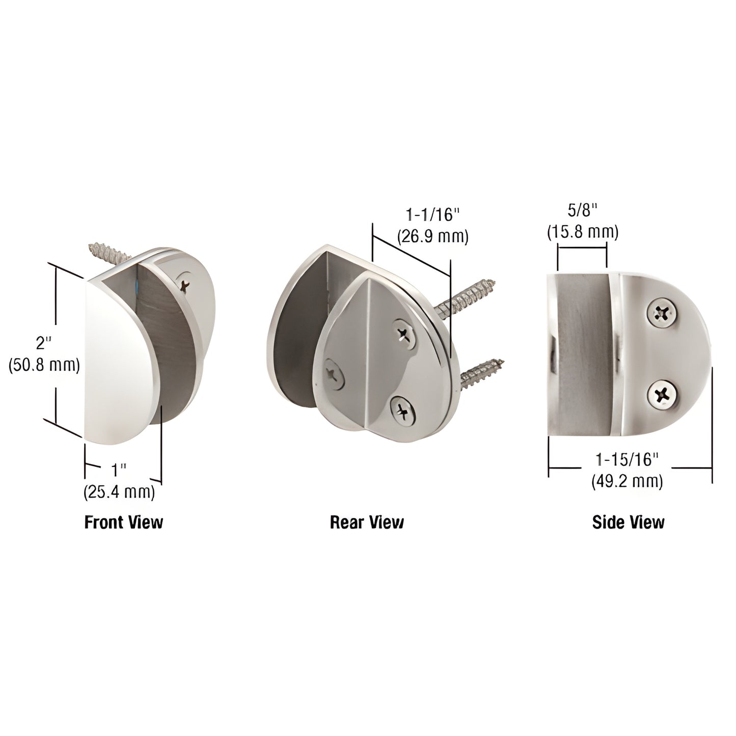 MFCW14 polished stainless wall-mount glass clamp, front/rear/side views, fits 3/8-1/2" tempered glass, screws included.
