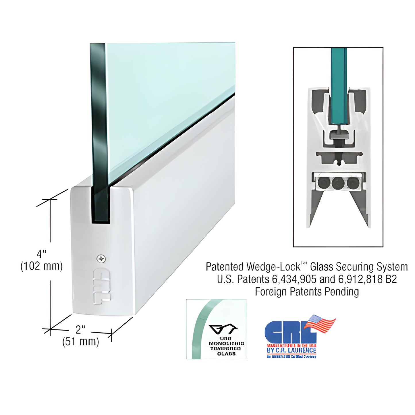Satin anodized aluminum 4 in square Wedge-Lock door bottom rail, 41 in long, for 1/2 in (12mm) glass, 1-7/8 in wide.