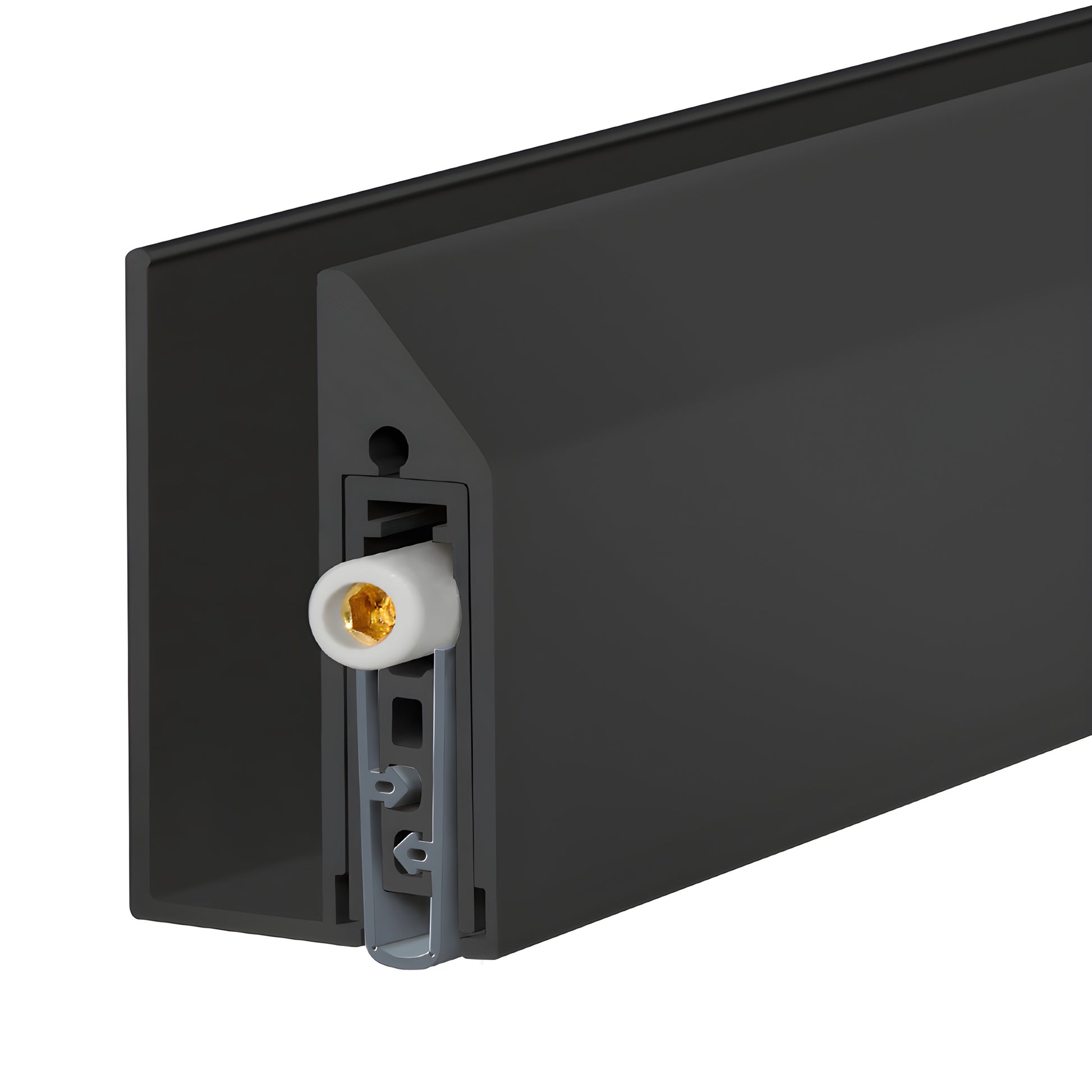 Matte black adjustable drop-down door seal (FBC12DSMBL) with U-channel, surface-mount kit.