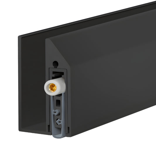 Matte black adjustable drop-down door seal (FBC12DSMBL) with U-channel, surface-mount kit.
