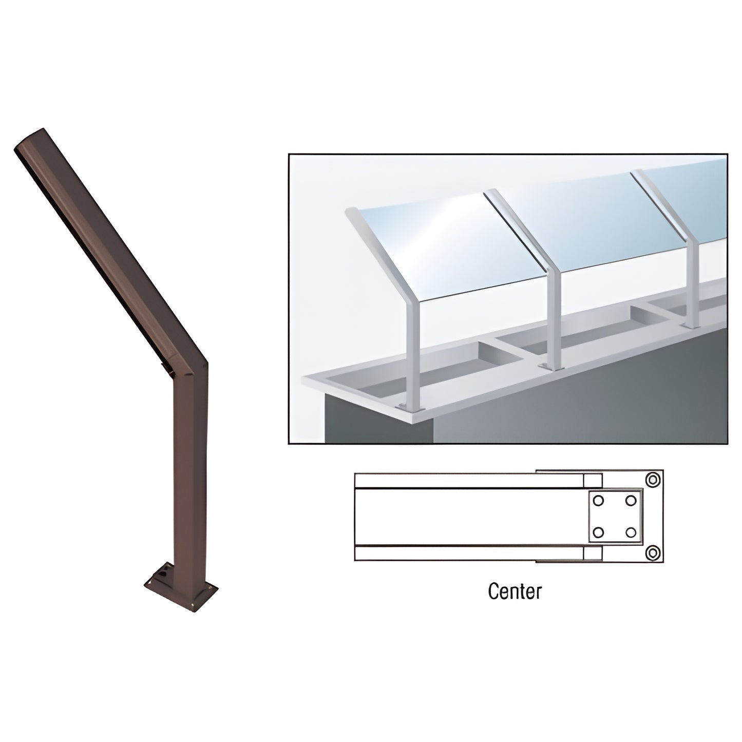 D999DUC dark bronze aluminum center-post slant-top sneeze guard post, 14" high, for 1/4" glazing, rectangular base.