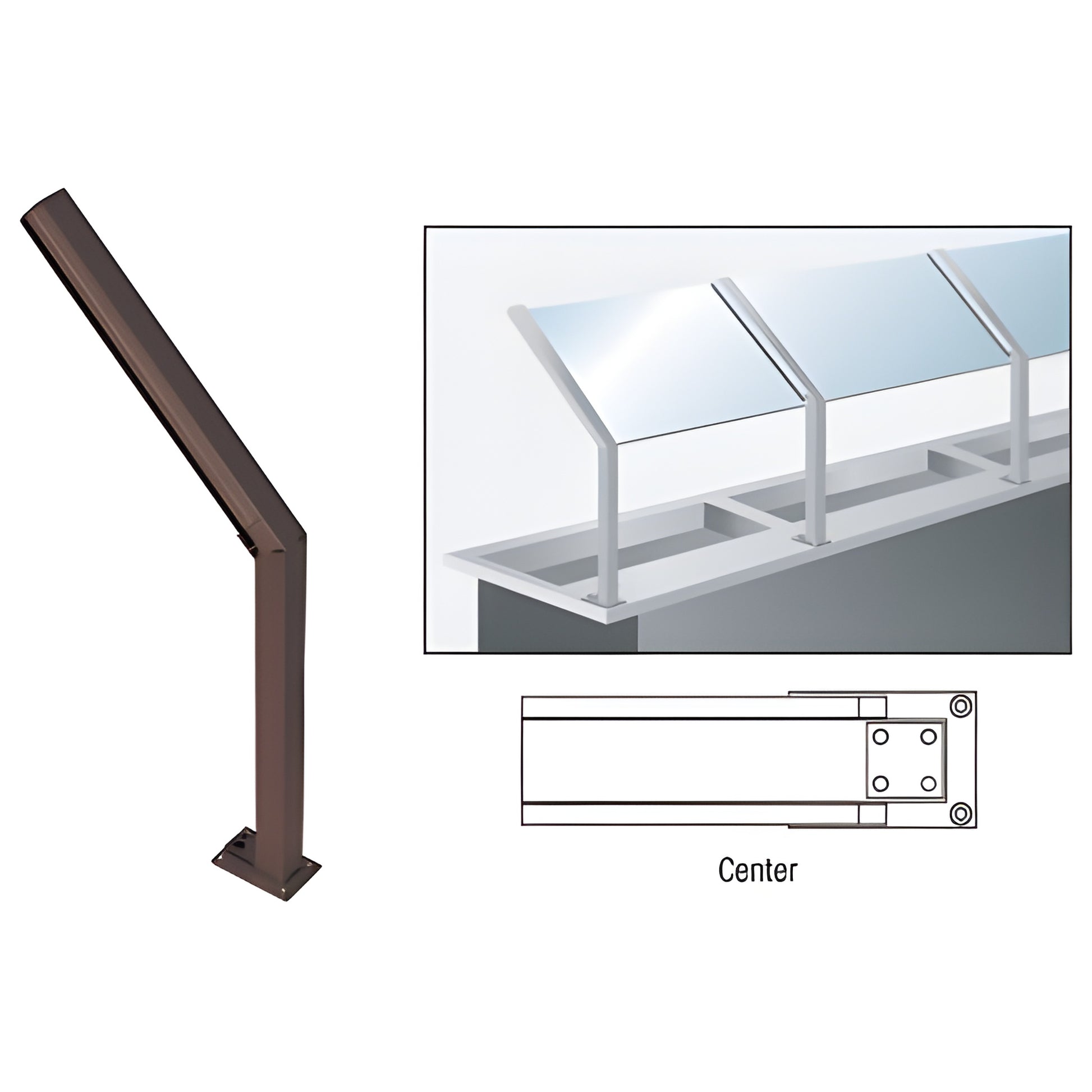 D999DUC dark bronze aluminum center-post slant-top sneeze guard post, 14" high, for 1/4" glazing, rectangular base.