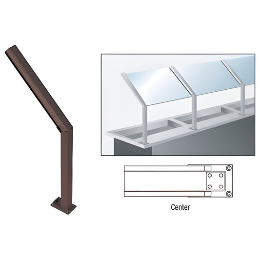D999DUC dark bronze aluminum center-post slant-top sneeze guard post, 14" high, for 1/4" glazing, rectangular base.
