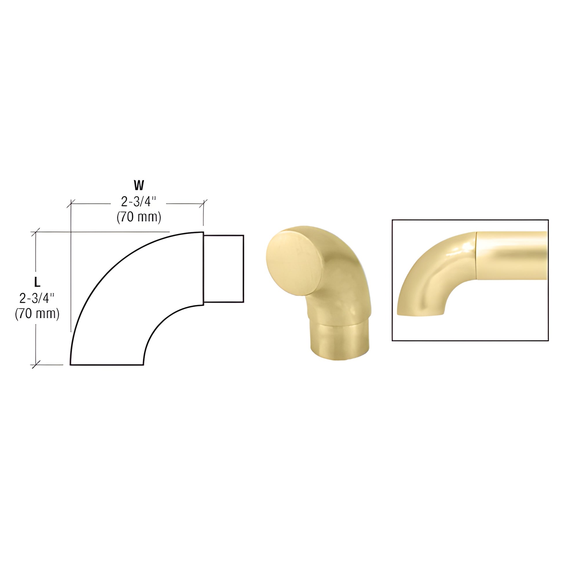 Satin brass 90 flush angle end for 1-1/2" handrail tubing (HR15RSB), 2-3/4" projection, ready-to-install.