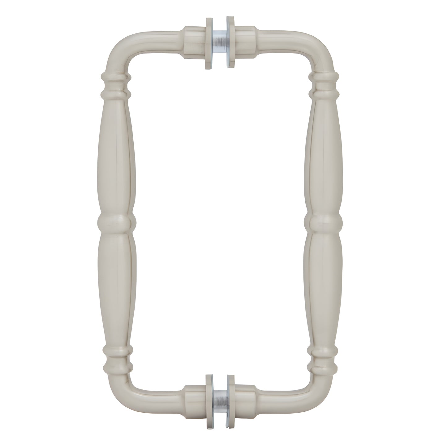 Victorian solid-brass back-to-back glass pull handle, brushed nickel finish, contoured grip fits 1/4-1/2" glass.