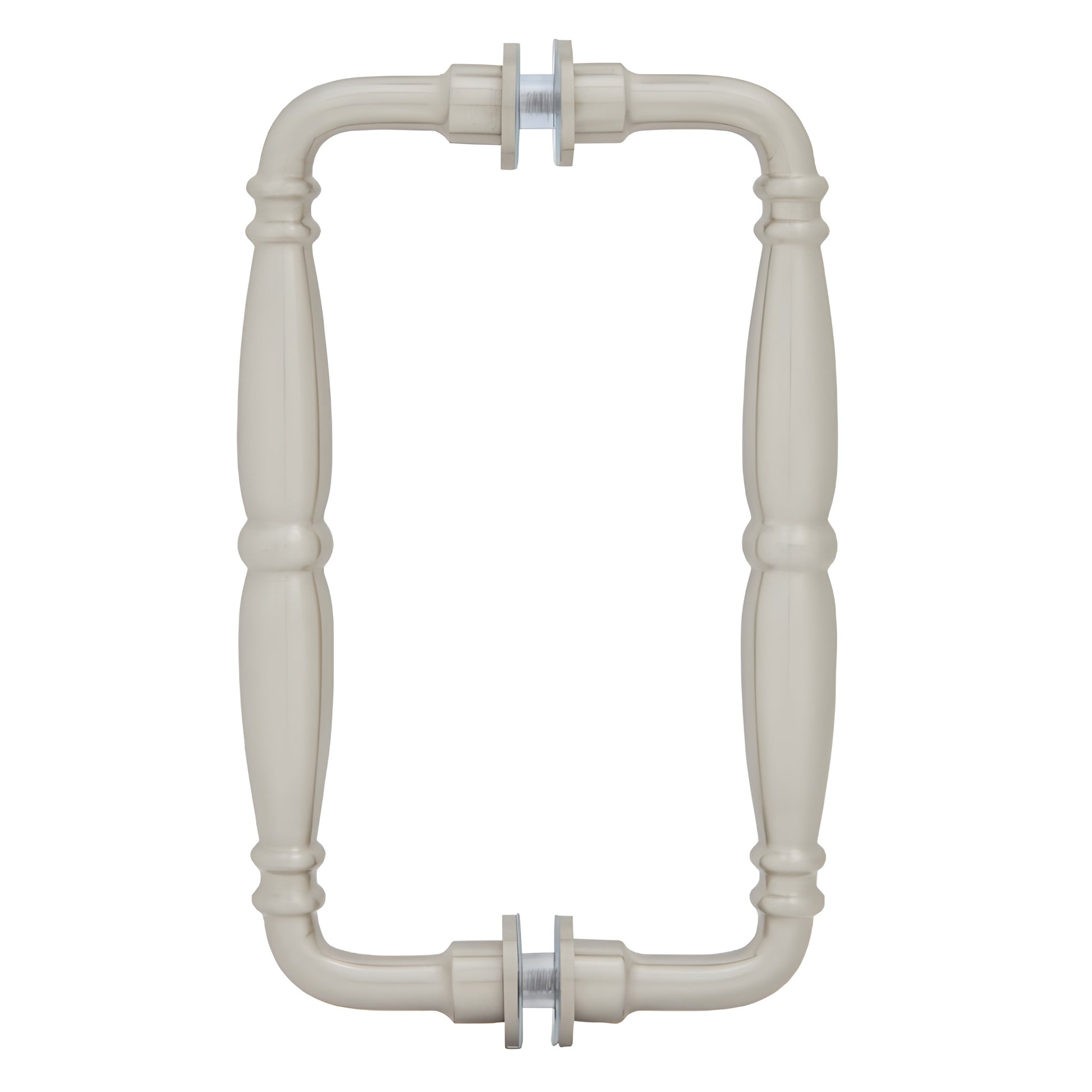 Victorian solid-brass back-to-back glass pull handle, brushed nickel finish, contoured grip fits 1/4-1/2" glass.