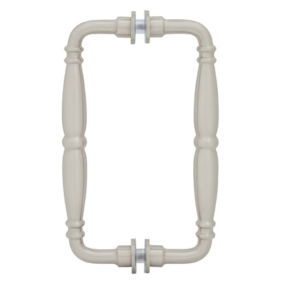 Victorian solid-brass back-to-back glass pull handle, brushed nickel finish, contoured grip fits 1/4-1/2" glass.