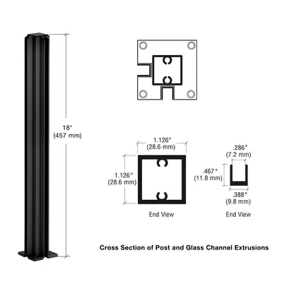 D990BL18CR semi-gloss black aluminum corner partition post, 18" tall, square 1-1/8" tube with glazing channels and mounting b