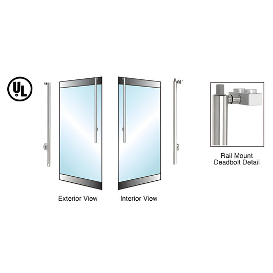 Brushed stainless steel rail-mount deadbolt handle for 1/2" tempered glass doors, 1-1/4" diameter, left-hand.
