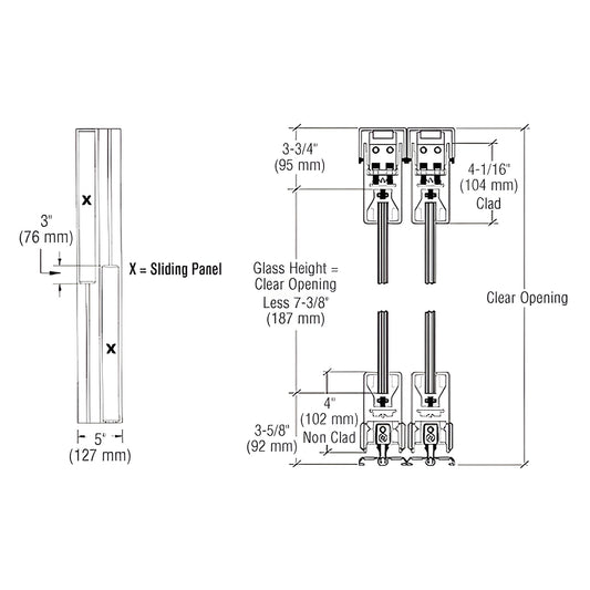 CRL SDR bottom-rolling sliding door system (SKU 4SDR2BBS), 4" brushed stainless rails, max 48"x108", 234 lb capacity.