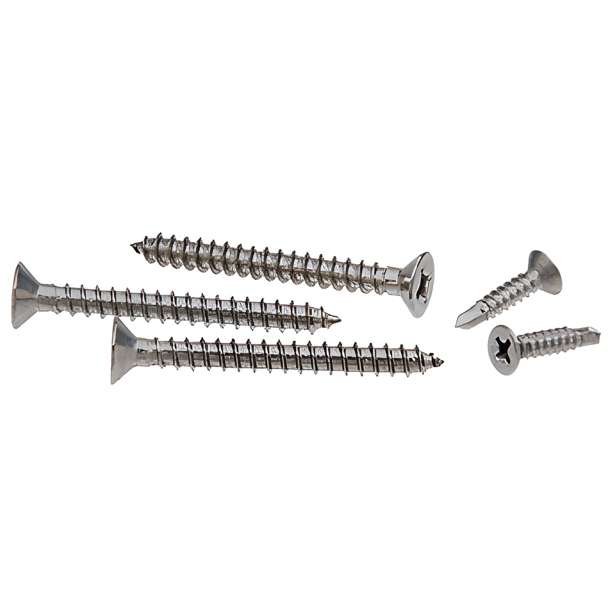 RSP5BS brushed stainless screw pack: two 8 18 3/4" self drilling and three 12 2" Phillips flat head screws for handrail brack