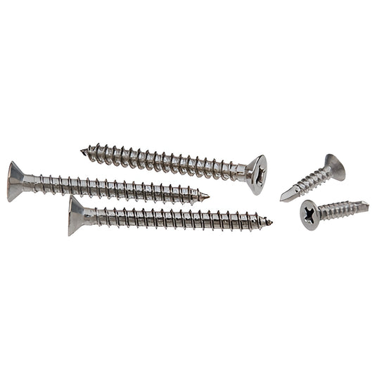 RSP5BS brushed stainless screw pack: two 8 18 3/4" self drilling and three 12 2" Phillips flat head screws for handrail brack