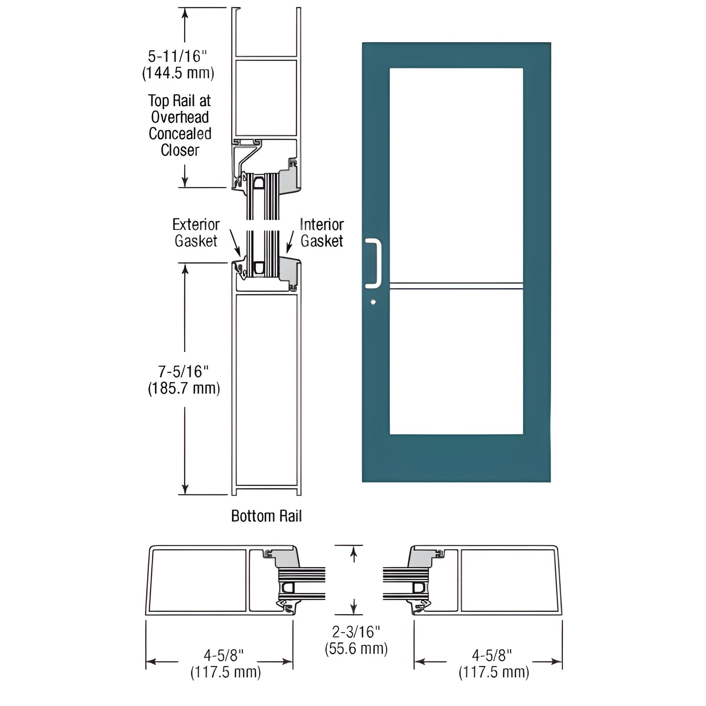 Teal CRL SF61971 custom Kynar medium-stile impact entrance pair diagram and front view, prepped for concealed closer.