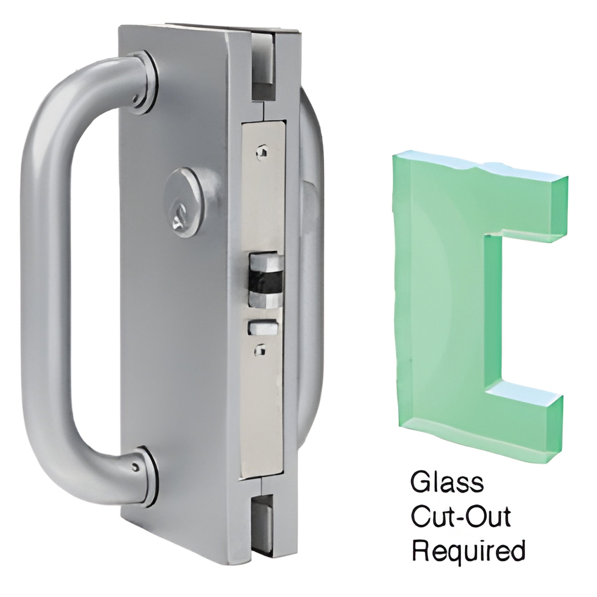 Brushed stainless 4x10 center lock with D-handle and deadlatch for 1/2" tempered glass (SKU: DL410LBS)