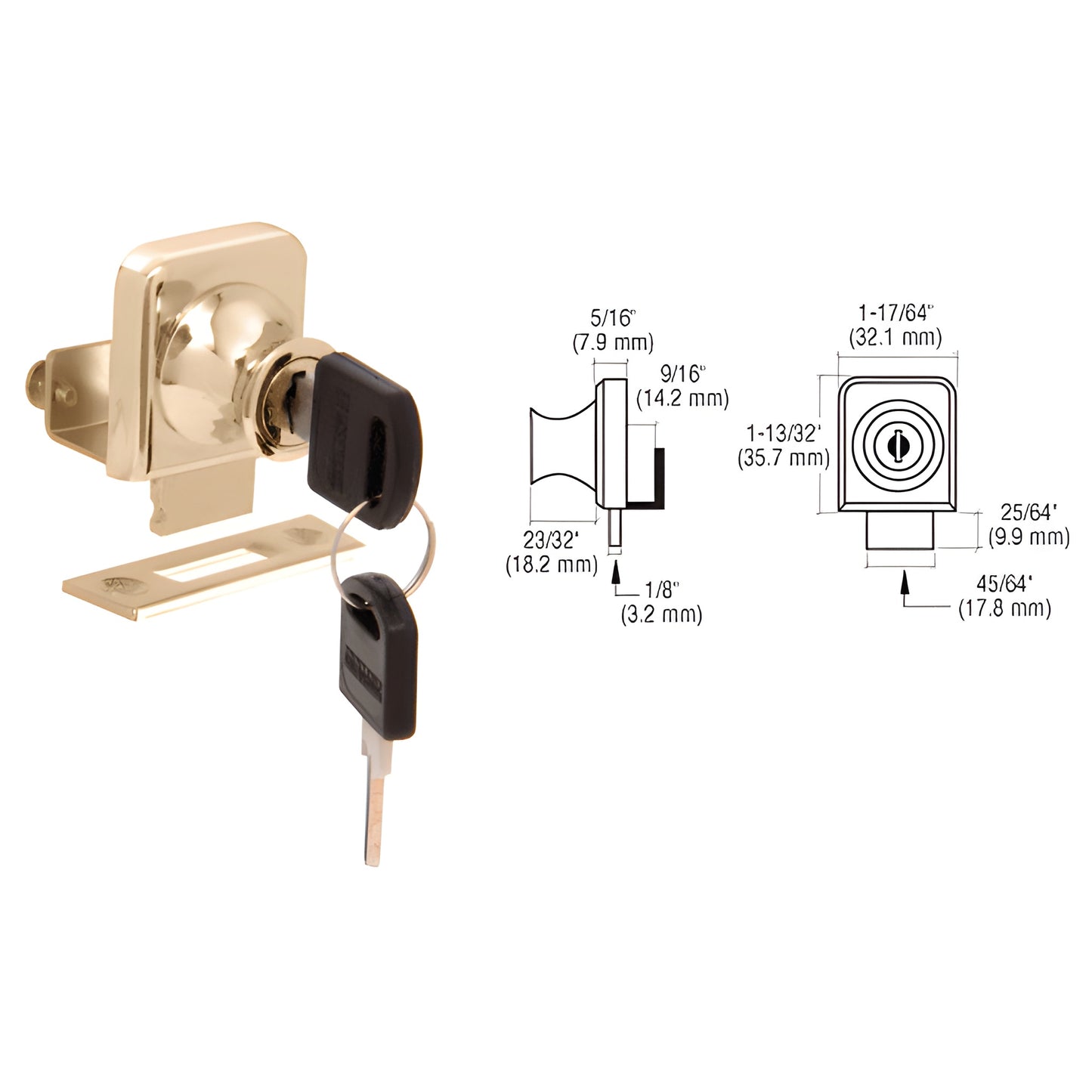 LK344KA gold-plated no-drill glass cabinet lock for 3/8" single-pane doors with two keys and strike plate