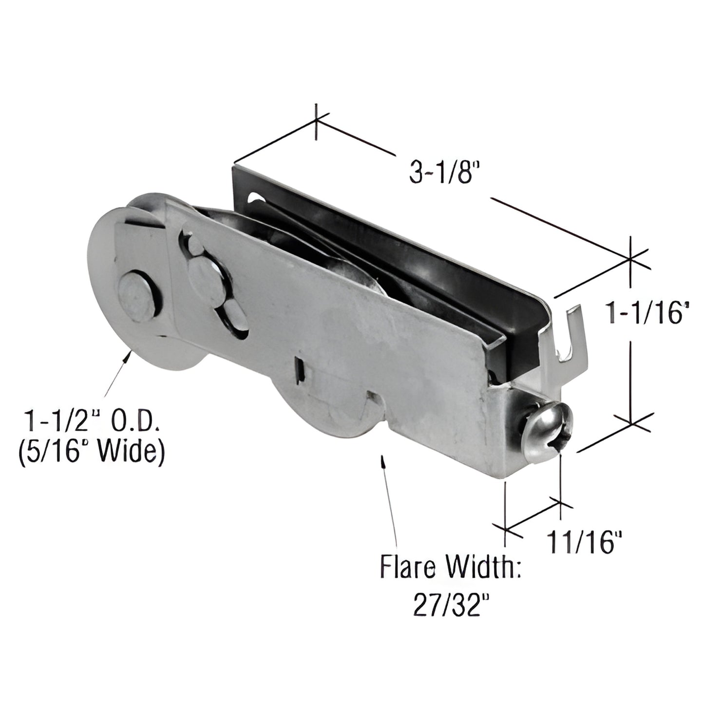 Stainless steel tandem sliding glass door roller housing with 1-1/2 in concave rollers, 3-1/8 in long. SKU D1928