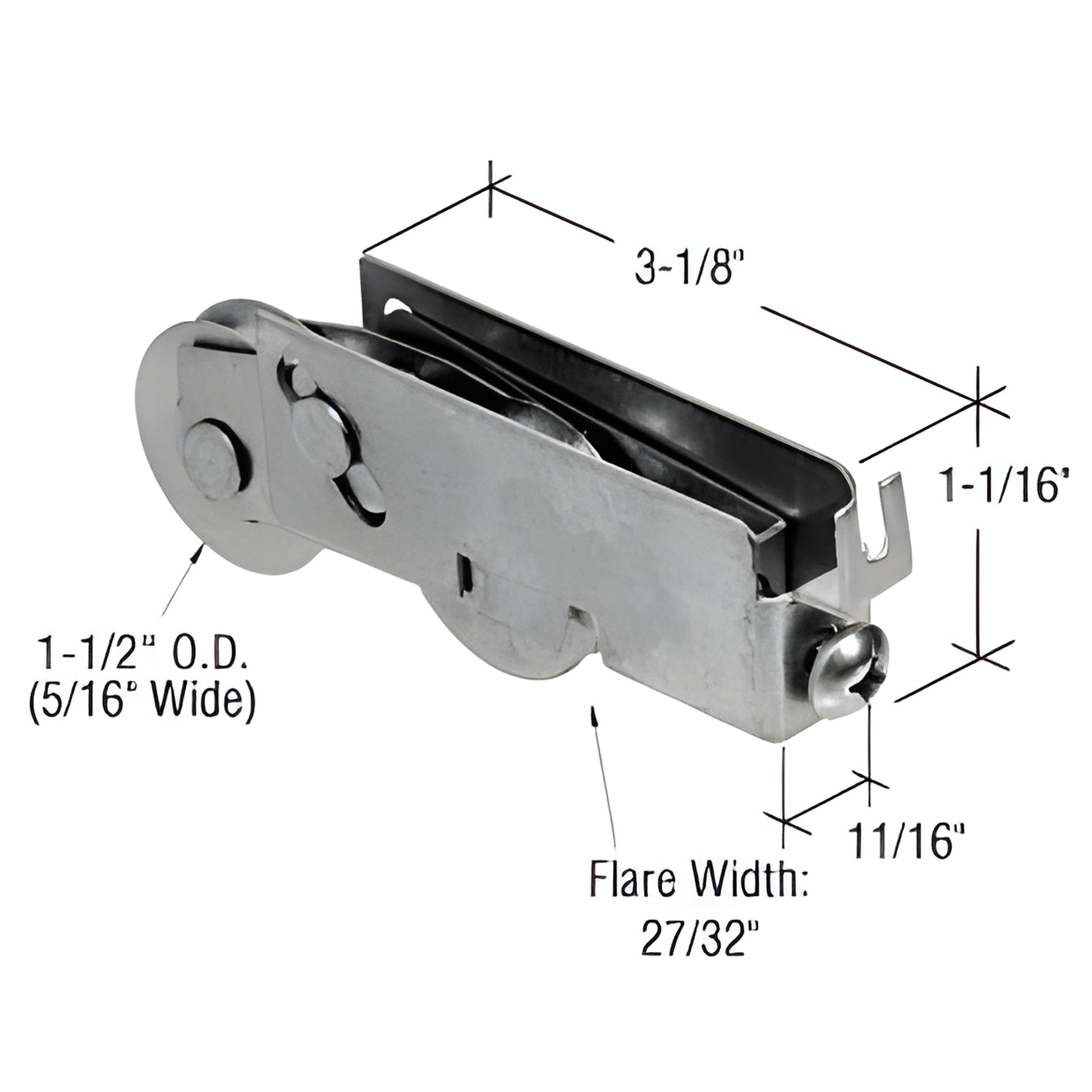 Stainless steel tandem sliding glass door roller housing with 1-1/2 in concave rollers, 3-1/8 in long. SKU D1928