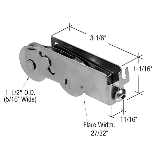 Stainless steel tandem sliding glass door roller housing with 1-1/2 in concave rollers, 3-1/8 in long. SKU D1928