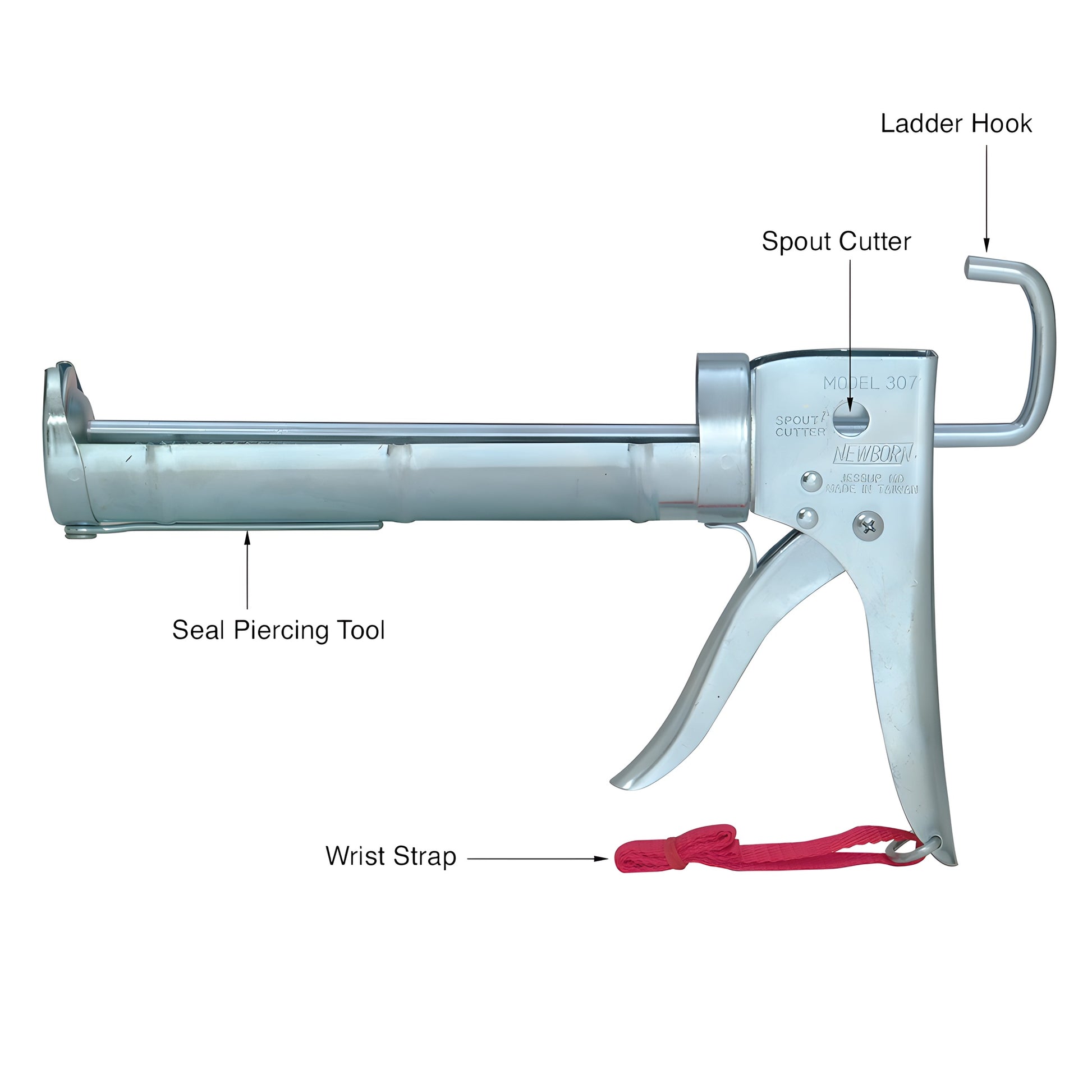 KM27RD Newborn ratchet caulking gun, 2 x 8.5 in metal barrel, silver finish, ratchet rod, red wrist strap