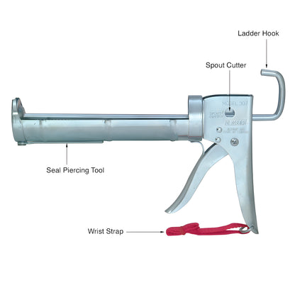 KM27RD Newborn ratchet caulking gun, 2 x 8.5 in metal barrel, silver finish, ratchet rod, red wrist strap
